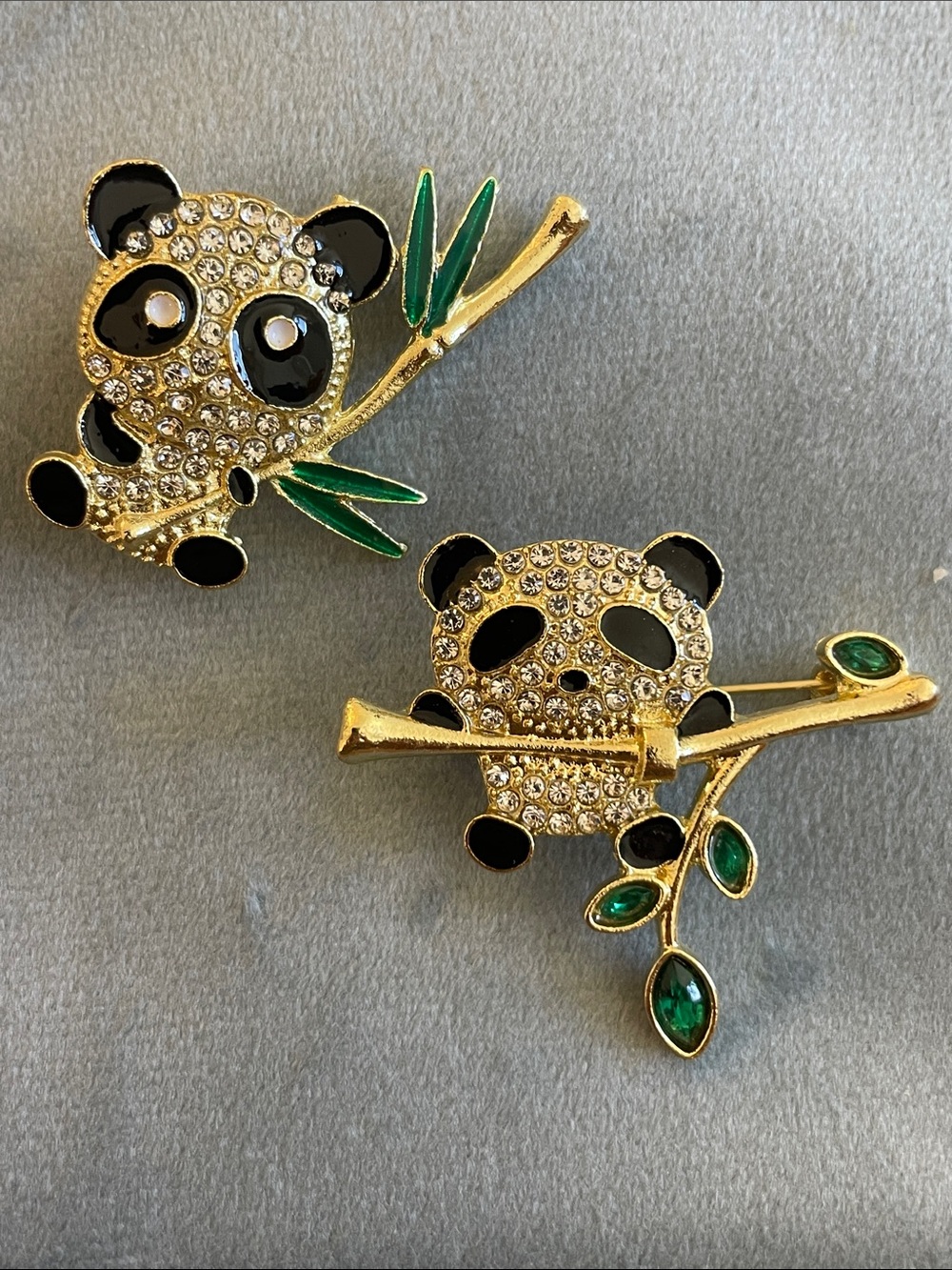 Crystal Panda Brooch Set with Green Enamel Bamboo